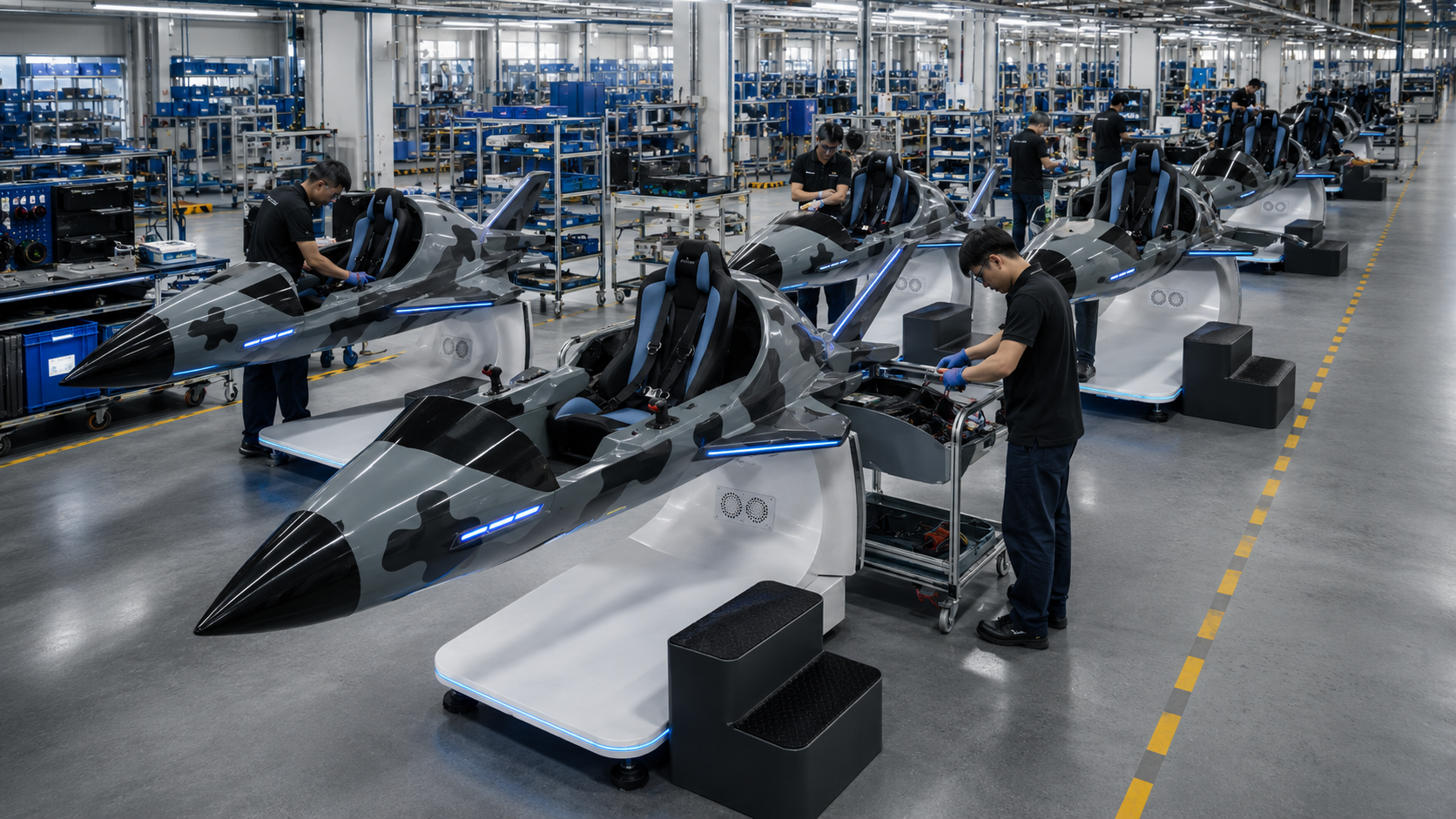 SkyPilotVR manufacturing center with technicians assembling simulator units